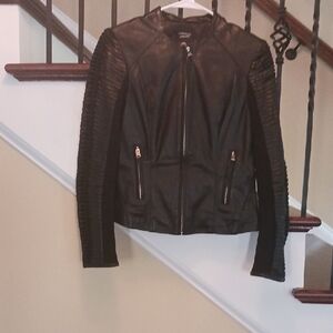 Lamarque Women's Black Leather Jacket with Textured Sleeves